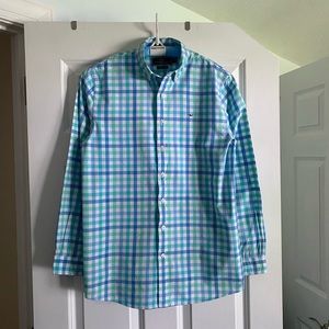 Boys Sz XL 18 Vineyard Vines Blue Gingham Plaid Whale Button Down Shirt Preppy